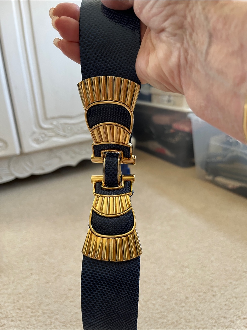 Judith Leiber BlueLeather Belt with Gold Sculpted Hardware 36”